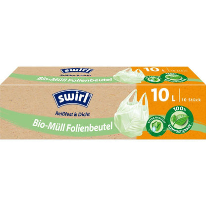 Eine Rolle Swirl Bio-Müll Folienbeutel mit Tragegriff 10l, reißfest & dicht (10 Beutel) von Melitta Europa GmbH & Co. KG. Lieferung in braun-grüner Verpackung mit umweltfreundlichen Symbolen und hellgrünem Beutel, 100 % kompostierbar und DINplus-zertifiziert.