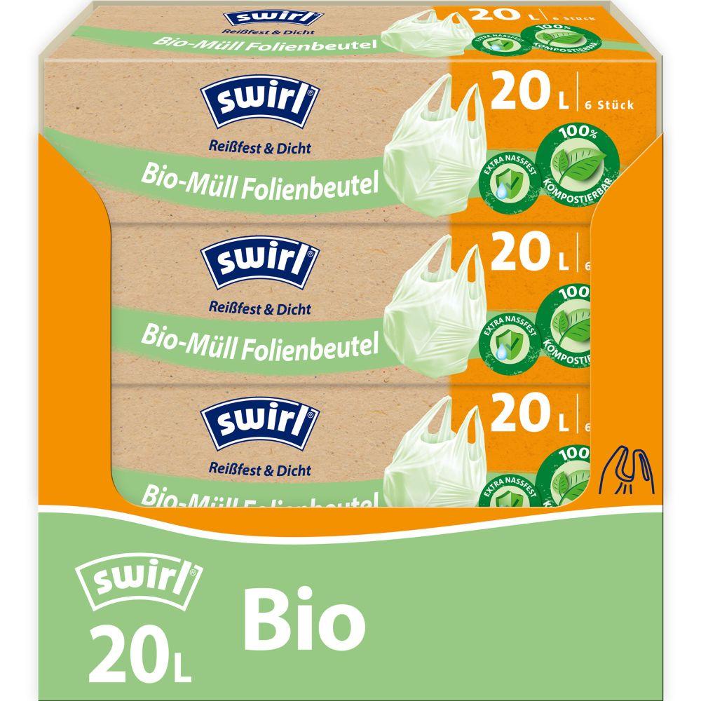 Eine Rolle Swirl Bio-Müll Folienbeutel mit Tragegriff (20L, 6 Beutel) von Melitta Europa GmbH & Co. KG mit „kompostierbar“-Kennzeichnung, DINplus zertifiziert-Plakette, grünen und orangen Akzenten und einer weißen Müllbeutelillustration.