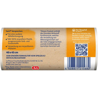 Η Swirl σακούλα απορριμμάτων με λαβή μεταφοράς για το μπάνιο και τα καλλυντικά 10 l της Melitta Europa GmbH & Co. KG χαρακτηρίζεται από σακούλες από 100% ανακυκλωμένο πλαστικό, χωρίς χρωστικές/πρόσθετα, αντιβακτηριακές ιδιότητες, ανακυκλώσιμη συσκευασία, γραμμωτό κώδικα και κωδικό QR.