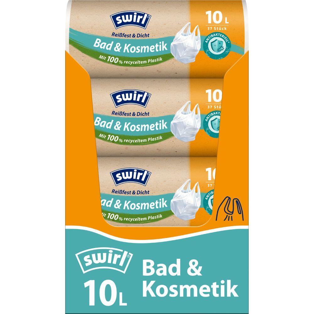 Swirl Tragegriff-Müllbeutel Bad- & Kosmetik 10L von Melitta Europa GmbH & Co. KG, Packung mit 37 starken, auslaufsicheren Beuteln in blaugrüner und orangefarbener Verpackung, aus 100 % recyceltem Kunststoff.