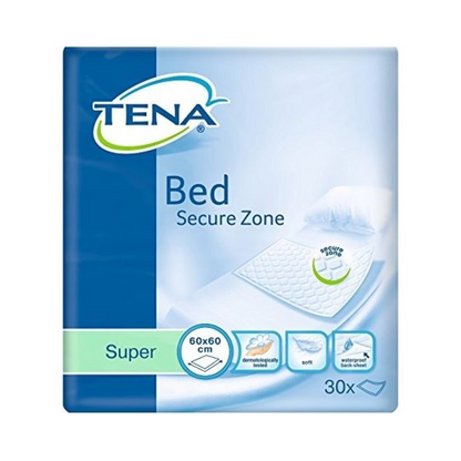 Die in Blau und Grün gestaltete Verpackung der TENA Bed Super Bettschutzunterlagen betont die Saugfähigkeit „Super“ mit superabsorbierenden Mikro-Perlen. Sie misst 60x60 cm, enthält 30 Inkontinenz-Schutzunterlagen und zeigt ein Bett mit einer Unterlage als Hinweis auf den Auslaufschutz. Das Produkt wird von TENA - Essity Germany GmbH angeboten.