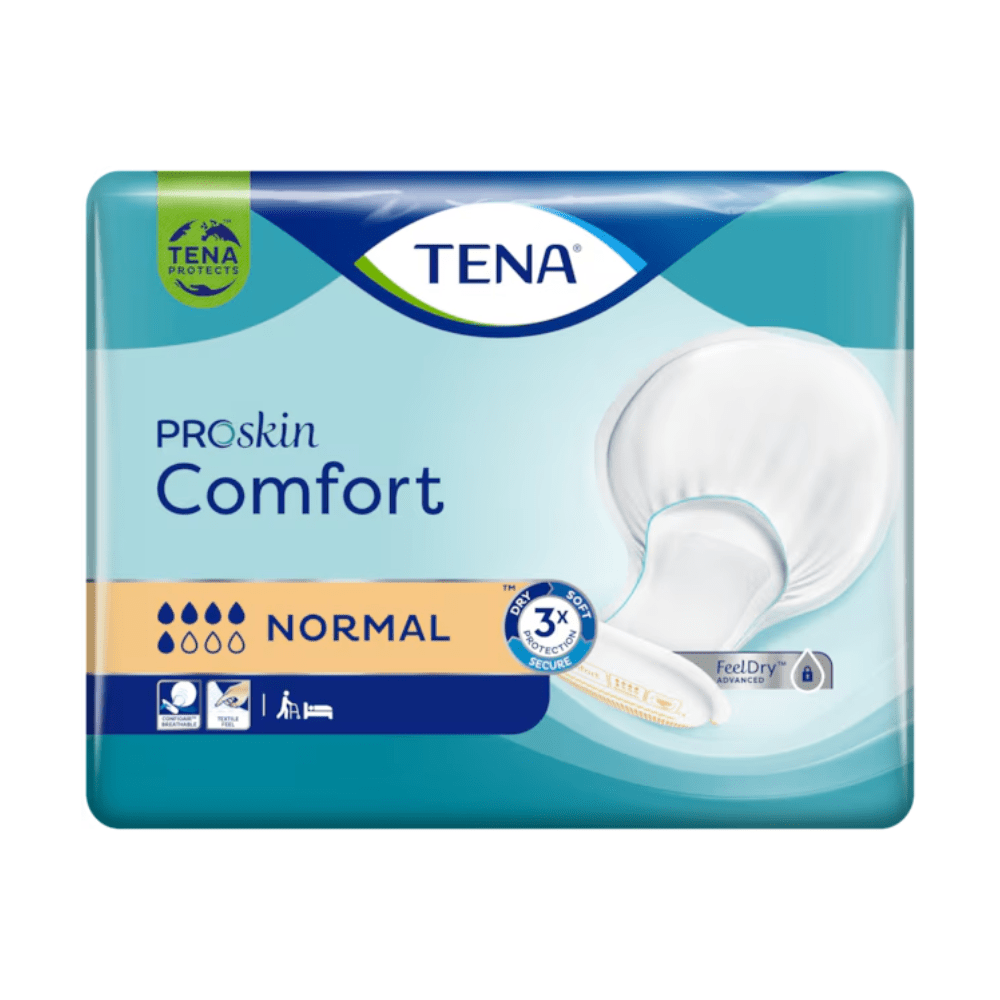 Η συσκευασία με 42 κομμάτια TENA Comfort Normal από την TENA - Essity Germany GmbH περιέχει επιθέματα που προσφέρουν εξαιρετική προστασία από διαρροές. Η συσκευασία είναι κυρίως μπλε με λευκές και χρυσές λεπτομέρειες και δείχνει μια εικόνα επιθέματος καθώς και σύμβολα για απορροφητικότητα, έλεγχο οσμών και προστασία από διαρροές.