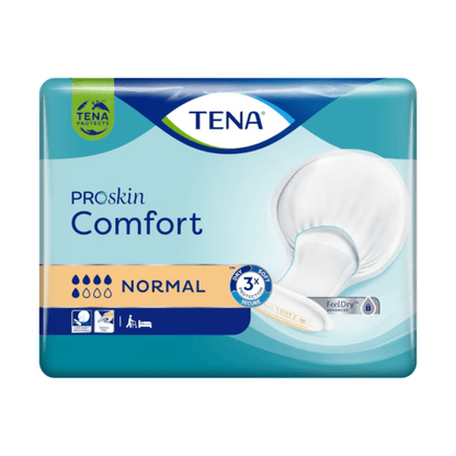 Η συσκευασία με 42 κομμάτια TENA Comfort Normal από την TENA - Essity Germany GmbH περιέχει επιθέματα που προσφέρουν εξαιρετική προστασία από διαρροές. Η συσκευασία είναι κυρίως μπλε με λευκές και χρυσές λεπτομέρειες και δείχνει μια εικόνα επιθέματος καθώς και σύμβολα για απορροφητικότητα, έλεγχο οσμών και προστασία από διαρροές.