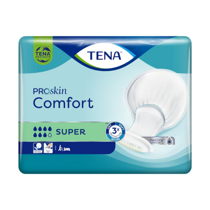 Η συσκευασία της TENA Comfort Super Inkontinenzvorlage με την καθαρή παρουσίαση του προϊόντος τονίζει μέσω σαφών εικονιδίων τις δερματολογικά ελεγμένες ιδιότητες και την προστασία από την ξηρότητα. Ο σχεδιασμός, κυρίως σε μπλε και πράσινο, διευκολύνει την αναγνώριση.