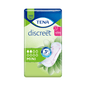 Η εικόνα δείχνει μια συσκευασία TENA Discreet Mini επιθεμάτων ακράτειας, που έχουν αναπτυχθεί για την αντιμετώπιση της αδυναμίας της ουροδόχου κύστης. Η πράσινο-μπλε συσκευασία αναδεικνύει χαρακτηριστικά όπως «έως και 12 ώρες ξηρότητας» και «τριπλή προστασία». Ένα λουλουδάτο μοτίβο κοσμεί την απεικόνιση των επιθεμάτων στη δεξιά πλευρά της συσκευασίας.