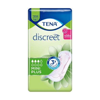 Η συσκευασία της σερβιέτας ακράτειας TENA Discreet Mini Plus, που κατασκευάζεται από την TENA - Essity Germany GmbH, είναι σε μπλε και πράσινο χρώμα. Αναδεικνύει χαρακτηριστικά όπως «έως και 12 ώρες ξηρότητας» και «τριπλή προστασία ελέγχου οσμών» για τριπλή προστασία. Επιπλέον, υπάρχει μια εντυπωσιακή εικόνα μιας σερβιέτας με λουλουδάτο μοτίβο για να τονιστεί η αποτελεσματική προστασία από την αδυναμία της ουροδόχου κύστης. Η συσκευασία περιέχει 20 τεμάχια.
