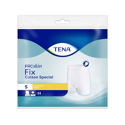 Η συσκευασία του TENA Fix Cotton Spezial Fixierhose, μέγεθος S, είναι διακοσμημένη με μια λευκή εικόνα του Fixierhose και σύμβολα unisex. Είναι κυρίως μπλε-λευκή και φέρει το λογότυπο TENA της Essity Deutschland GmbH εμφανώς στο πάνω μέρος. Έτσι, είναι ιδανική για άνετη στερέωση των επιθεμάτων ακράτειας.