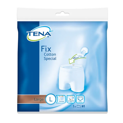 Ένα πακέτο TENA Fix Cotton Spezial Fixierhose Inkontinenzunterwäsche, μέγεθος L, από την TENA - Essity Germany GmbH. Η μπλε-λευκή συσκευασία δείχνει μια εικόνα που τονίζει την άνεση και την εφαρμογή, καθώς και σύμβολα με λεπτομερείς οδηγίες πλύσης και πληροφορίες προϊόντος για εύκολη φροντίδα.