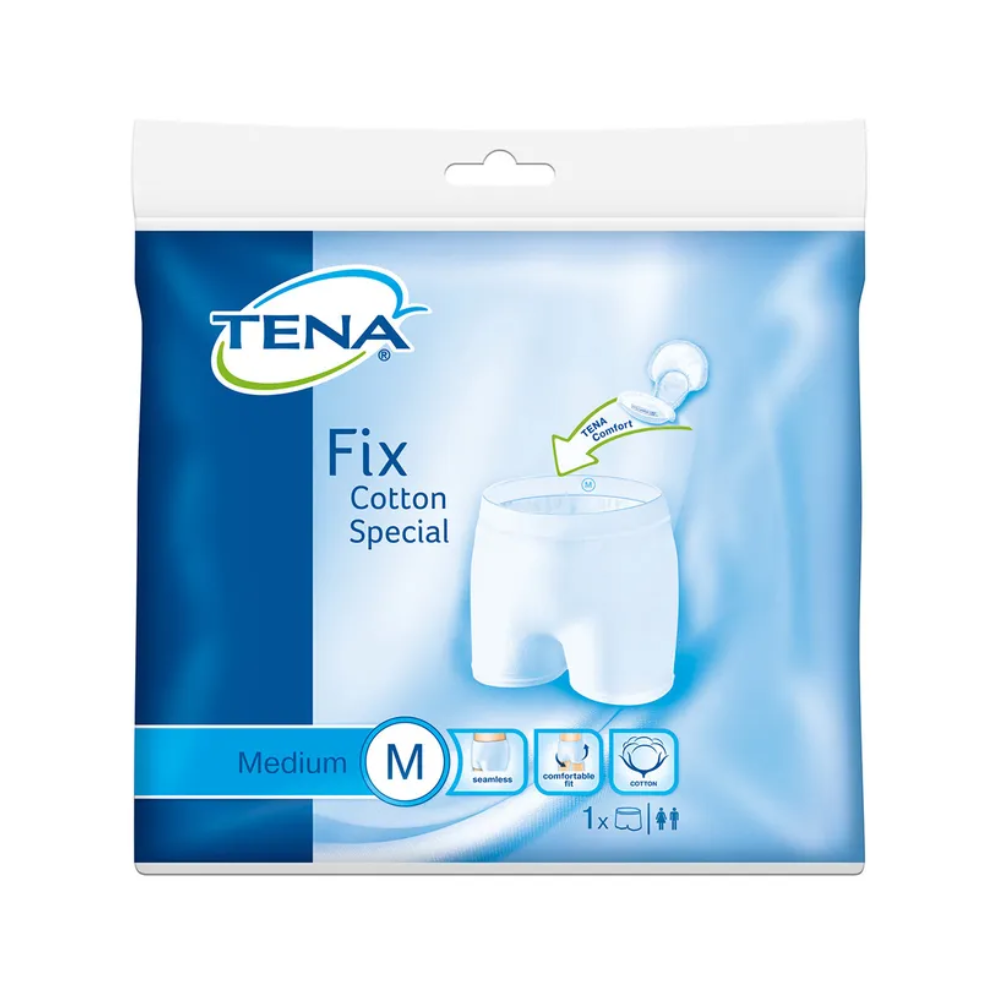 Φωτογραφία μιας συσκευασίας για το TENA Fix Cotton Spezial Fixierhose σε μεσαίο μέγεθος. Η συσκευασία σε λευκό και μπλε δείχνει μια εικόνα από ελαστικά εσώρουχα και περιέχει τις λέξεις «Fixierhose» ή «Inkontinenzeinlagen». Η εικόνα επισημαίνει επίσης μια φαρδιά ζώνη με ένα βέλος, ενώ πάνω αριστερά βρίσκεται το λογότυπο της TENA - Essity Germany GmbH.
