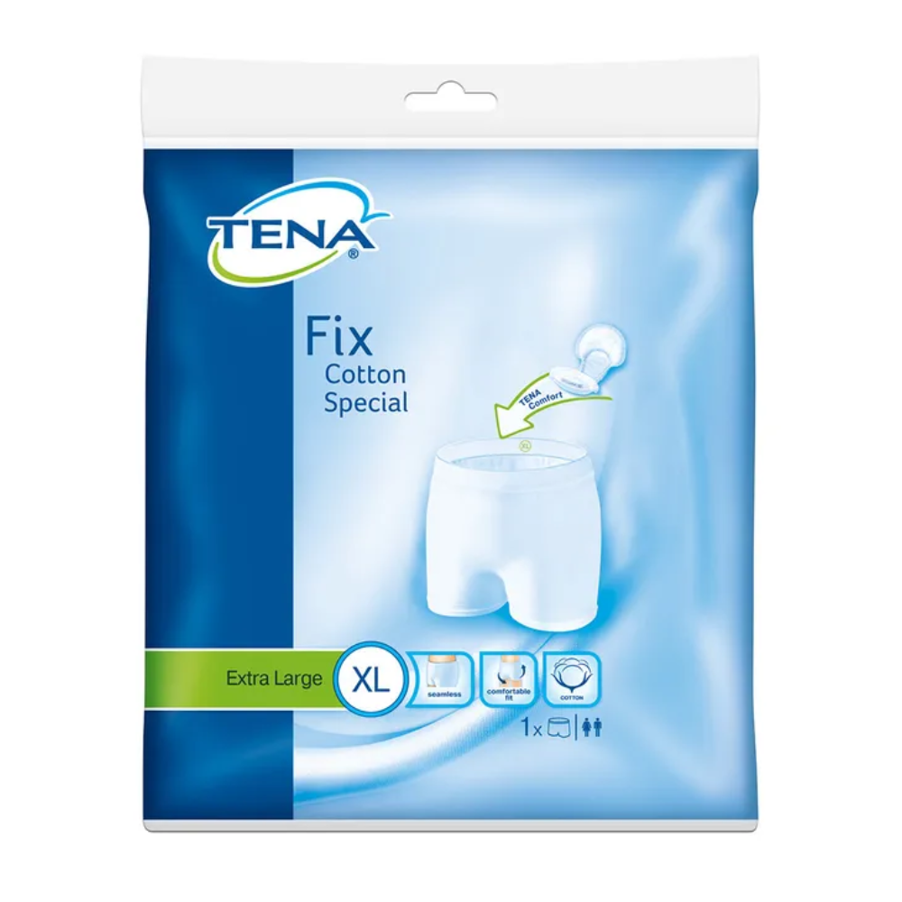 Η μπλε συσκευασία του TENA Fix Cotton Spezial Fixierhose Inkontinenzunterwäsche, εξαιρετικά μεγάλο, δείχνει την εικόνα του προϊόντος και σύμβολα που τονίζουν τα πλεονεκτήματά του. Επίσης χαρακτηρίζεται ως «Fixierhose», ταιριάζει τέλεια με επιθέματα ακράτειας για βέλτιστη άνεση και ασφάλεια.