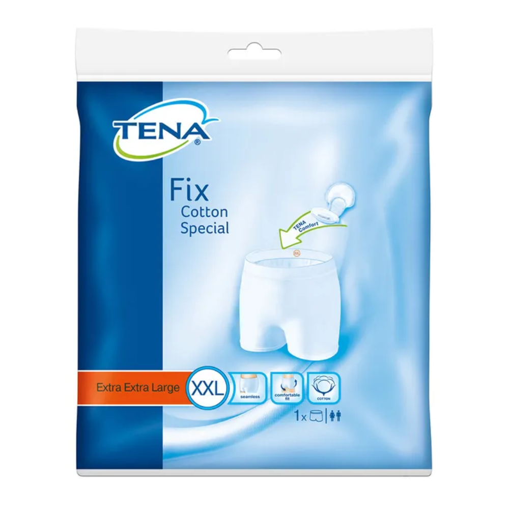 Η συσκευασία του TENA Fix Cotton Spezial Fixierhose, κατασκευασμένη από την TENA - Essity Germany GmbH, σε μέγεθος XXL δείχνει μια εικόνα που μοιάζει με λευκό εσώρουχο. Τα σύμβολα τονίζουν τις ιδιότητές του, συνοδευόμενα από κείμενα που αναφέρουν «Extra Extra Large» και «1x». Είναι τέλεια για να κρατάει τα επιθέματα ακράτειας ασφαλή στη θέση τους.