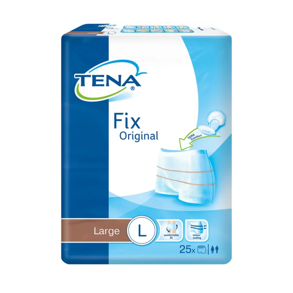 Η συσκευασία του TENA Fix Original Fixierhose σε μεγάλο μέγεθος δείχνει το λογότυπο της μάρκας καθώς και μια εικόνα του προϊόντος. Περιέχει 25 τεμάχια και περιλαμβάνει εικόνες ανδρικών και γυναικείων συμβόλων, υπογραμμίζοντας την αξιοπιστία της ως δοκιμασμένο προϊόν ακράτειας με αξιόπιστη προστασία από διαρροές.