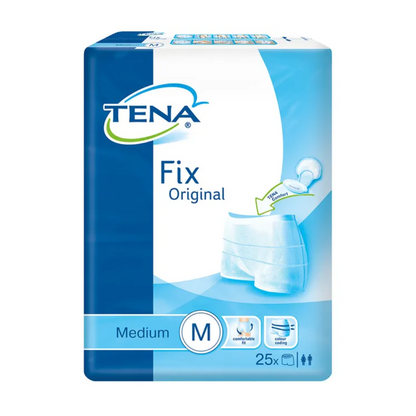 Η συσκευασία του TENA Fix Original Fixierhose σε μπλε και άσπρο δείχνει ένα διάγραμμα αυτού του προϊόντος premium. Τονίζει την τεχνολογία προστασίας από διαρροές και επισημαίνει ότι πρόκειται για μέγεθος Medium που περιέχει 25 τεμάχια. Τα σύμβολα στη συσκευασία απεικονίζουν τα βασικά χαρακτηριστικά για μέγιστη άνεση.
