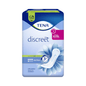 Η εικόνα δείχνει μια συσκευασία TENA Lady Discreet Extra επιθέματα ακράτειας με 20 επιθέματα. Η συσκευασία σε μπλε και μοβ αποχρώσεις με λουλουδάτο μοτίβο και απεικόνιση επιθεμάτων τονίζει χαρακτηριστικά όπως τριπλή προστασία και έως 12 ώρες ξηρότητας χάρη στην προηγμένη τεχνολογία InstaDRY.