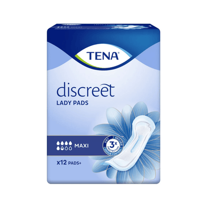 Η εικόνα δείχνει μια συσκευασία TENA Lady Discreet Maxi Inkontinenzeinlage από την TENA – Essity Deutschland GmbH, σχεδιασμένη για αδυναμία της ουροδόχου κύστης. Η συσκευασία δείχνει ένα μπλε λουλουδάτο σχέδιο και τονίζει „3x Προστασία“, περιέχει 12 τεμάχια, όπως αναφέρεται κάτω αριστερά.
