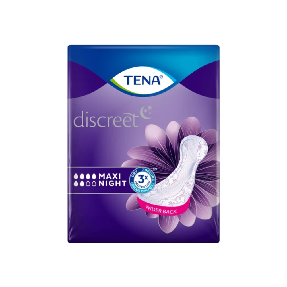 Οι TENA Lady Discreet Protect+ Maxi Night προστατευτικές σερβιέτες ακράτειας από την Essity Germany GmbH έχουν μοβ συσκευασία με μια λευκή εικόνα σερβιέτας, το κείμενο «3x Schutz» και σταγόνες απορρόφησης. Η τεχνολογία InstaDRY ενισχύει το ευρύτερο πίσω μέρος για βέλτιστη άνεση και ασφάλεια. Η συσκευασία περιέχει 12 τεμάχια.