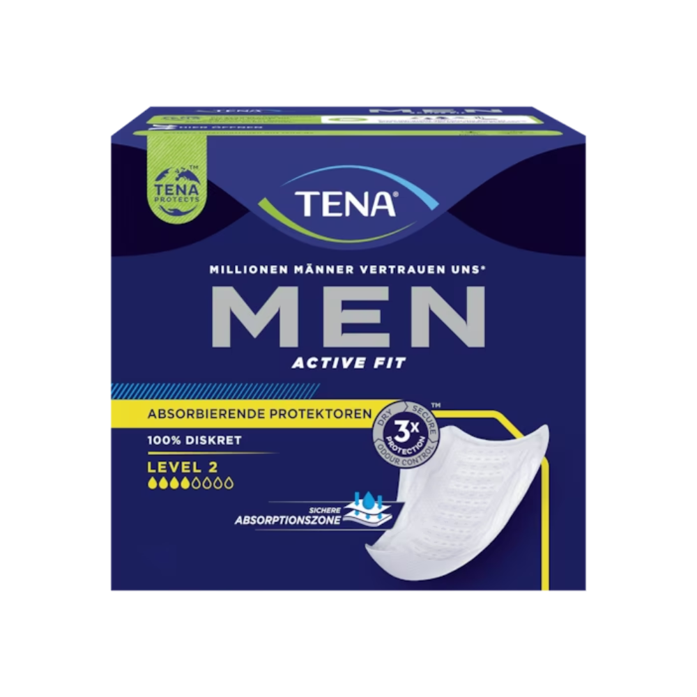Η εικόνα δείχνει μια συσκευασία TENA Men Active Fit Level 2 επίθεμα ακράτειας, που αναπτύχθηκε από την TENA - Essity Germany GmbH για προστασία από την απώλεια ούρων. Η μπλε-μαύρη συσκευασία τονίζει «100% διακριτική» και διαθέτει «ζώνη απορρόφησης», όπου η «3x προστασία» είναι σαφώς ορατή, μαζί με μια οπτική απεικόνιση του σχήματος του προϊόντος.
