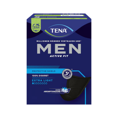 Ένα μπλε κουτί TENA Men Active Protective Shield Extra Light Inkontinenzeinlage (14 τεμάχια) από την TENA – Essity Germany GmbH με τις επιγραφές «100% διακριτικό», «εξαιρετικά ελαφρύ» και «3x προστασία» στα γερμανικά καθώς και το branding και τις εικόνες του προϊόντος.
