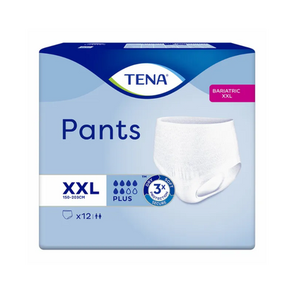 Η συσκευασία της πάνας TENA Pants Bariatric Plus για παχύσαρκα άτομα σε μέγεθος XXL αναδεικνύει τις βαριατρικές πάνες ακράτειας. Το μπλε-λευκό κουτί δείχνει την εικόνα του προϊόντος και τονίζει την ικανότητα απορρόφησης έως και 3 φορές και την εφαρμογή για περιφέρειες μέσης από 150 έως 203 cm, με κάθε συσκευασία να περιέχει 12 πάνες.