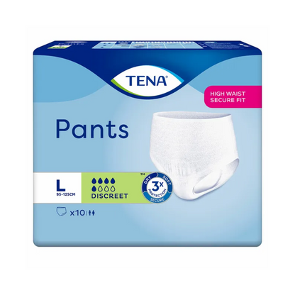 Η TENA Pants Discreet Inkontinenzhose από την TENA – Essity Germany GmbH σε μέγεθος Large προσφέρει υψηλή, ασφαλή εφαρμογή. Η συσκευασία τονίζει το διακριτικό της σχεδιασμό, περιλαμβάνοντας 10 εσώρουχα μιας χρήσης, με ένα μπλε-λευκό χρωματικό σχήμα που αναδεικνύει την απορροφητικότητα και τα χαρακτηριστικά ασφαλείας για τη θεραπεία της αδυναμίας κύστης.