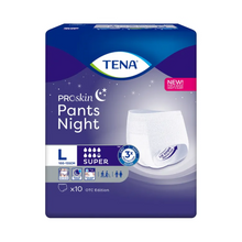 Η εικόνα δείχνει τη συσκευασία για TENA ProSkin Pants Night Super Inkontinenzpants από την TENA – Essity Germany GmbH. Αυτό το εσώρουχο μίας χρήσης είναι σχεδιασμένο για ανάγκες ακράτειας και προσφέρει μεγάλη επιλογή μεγεθών από 100-135 cm. Παρέχει εξαιρετική απορροφητικότητα και προστασία κατά τη νύχτα με φιλικές προς το δέρμα ιδιότητες. Η συσκευασία περιέχει 10 παντελόνια, ιδανικά για τη θεραπεία της αδυναμίας της ουροδόχου κύστης.