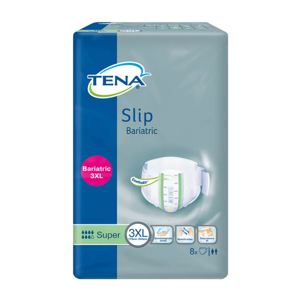 Η συσκευασία των πανών ενηλίκων TENA ProSkin Slip Bariatric Super, κατασκευασμένη από την TENA – Essity Germany GmbH για μέγιστη άνεση και υπερ-απορροφητικότητα σε μέγεθος 3XL, είναι μπλε. Δείχνει την εικόνα μιας πάνας καθώς και σύμβολα που τονίζουν την υψηλή απορροφητικότητά της και περιέχει οκτώ μεμονωμένα κομμάτια.