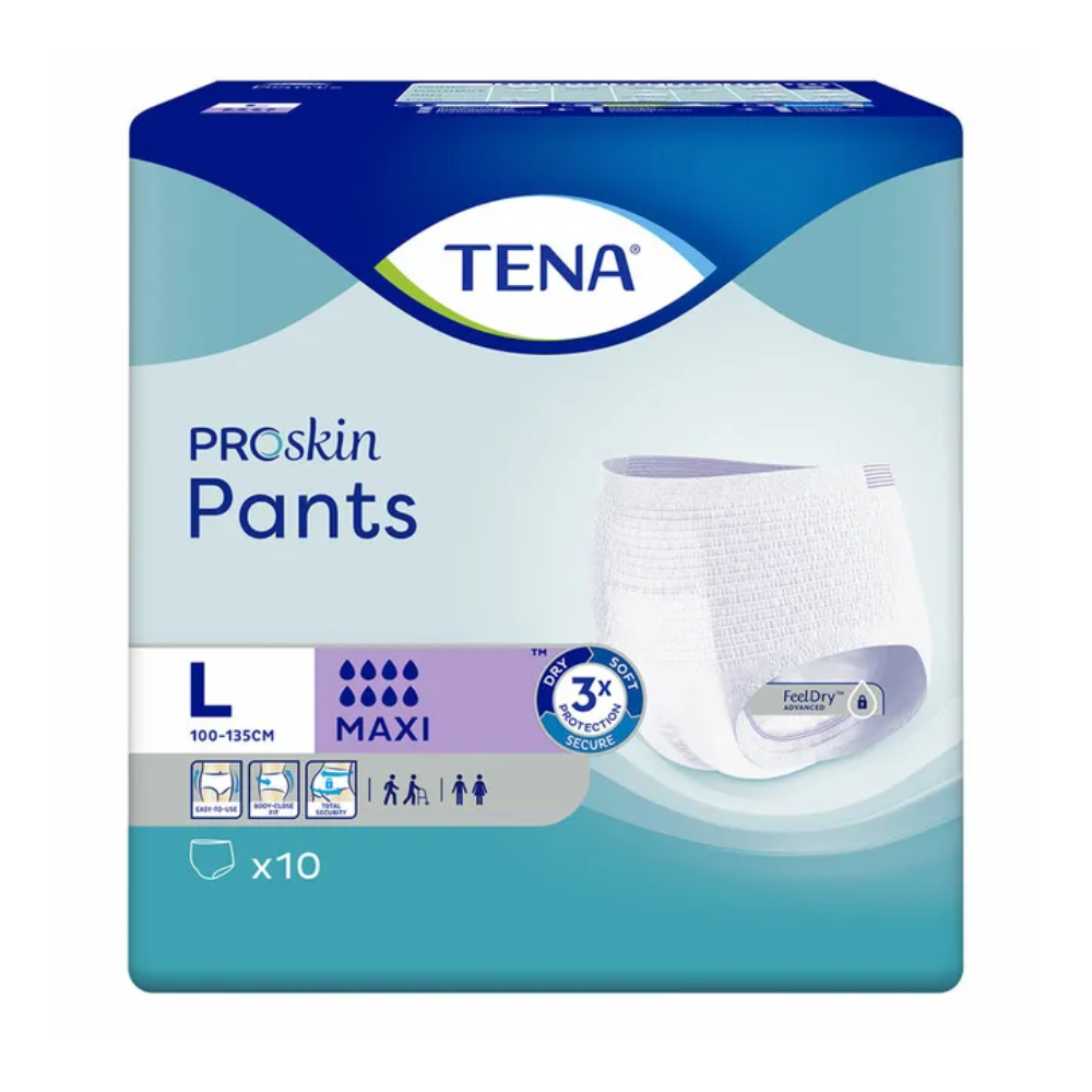 Die Verpackung der TENA Proskin Pants Maxi Inkontinenzhose, hergestellt von TENA – Essity Germany GmbH, ist in der Größe L (100-135 cm) erhältlich und umfasst 10 Stück pro Packung. Sie verfügt über die FeelDry-Technologie und Symbole, die auf die Eignung für Erwachsene mit Blasenschwäche hinweisen.