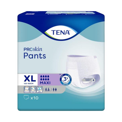 Die TENA Proskin Pants Maxi Inkontinenzpants von Essity Germany GmbH werden in einer blauen Verpackung mit Produktbild geliefert. Sie zeigt wichtige Details wie Größe XL (120-160 cm), Maxi-Saugfähigkeit und FeelDry Advanced-Technologie, insgesamt sind 10 Pants enthalten. Symbole auf der Verpackung heben Funktionen hervor, die Betroffenen dabei helfen, Blasenschwäche effektiv zu bewältigen.