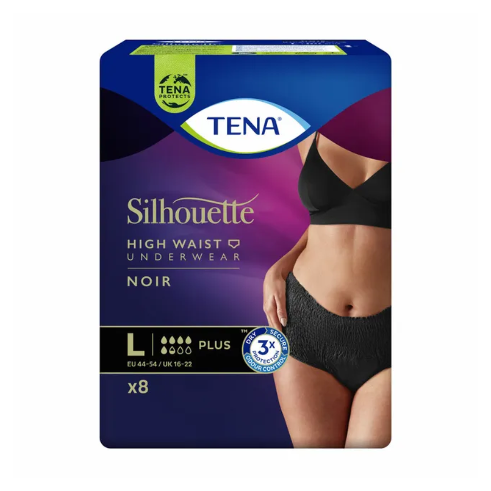 Συσκευασία με TENA Silhouette Plus Noir Inkontinenzpants από την TENA - Essity Germany GmbH. Η εικόνα δείχνει την κοιλιά μιας γυναίκας που φοράει αυτό το διακριτικό εσώρουχο για προστασία της ουροδόχου κύστης. Στη συσκευασία αναφέρεται το μέγεθος Large (EU 44-54/UK 16-22) και περιέχει 8 κομμάτια που προσφέρουν αποτελεσματική προστασία σε περίπτωση αδυναμίας της ουροδόχου κύστης.