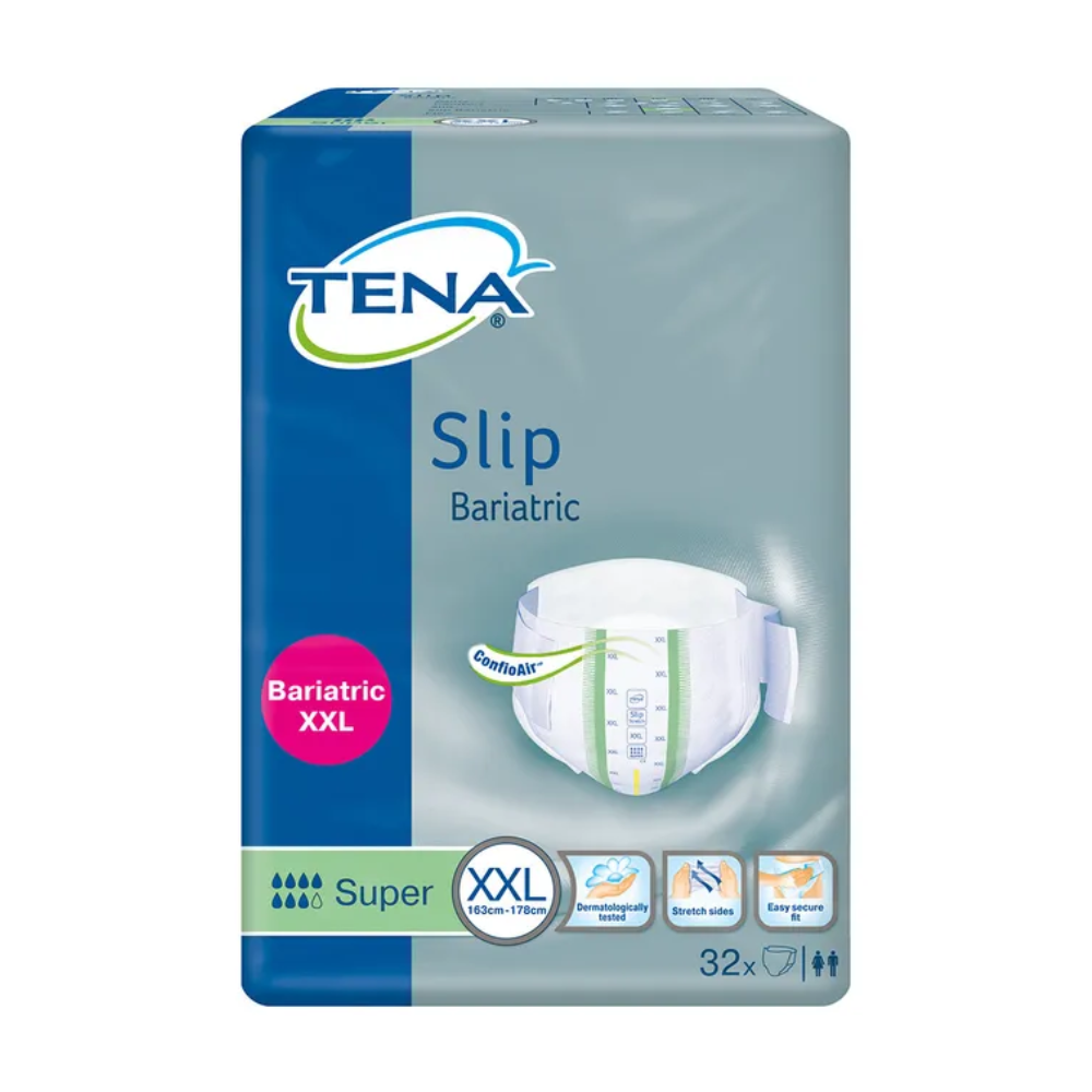 Μια συσκευασία TENA ProSkin Slip Bariatic Super πάνα ακράτειας από την Essity Germany GmbH, σχεδιασμένη για άτομα με περιφέρεια μέσης 163cm-178cm, προσφέρει άνεση μέσω αναπνεύσιμου υλικού, εξουδετερωτή οσμών, ελαστικές πλευρές και εύκολα ανοιγόμενες γλωττίδες. Αυτό το XXL προϊόν περιλαμβάνει 32 πάνες ενηλίκων.