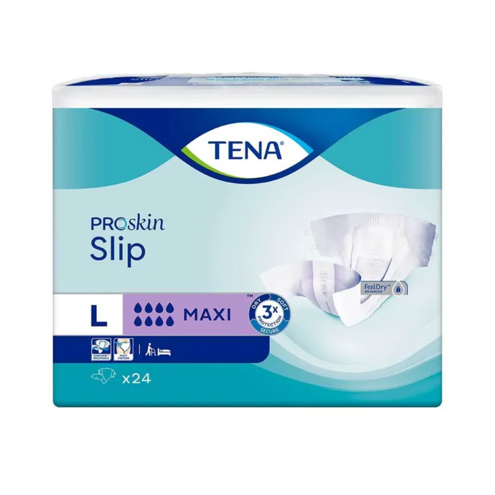 Η TENA Slip Maxi σερβιέτα ακράτειας με ζώνη μέσης, που κατασκευάζεται από την TENA - Essity Germany GmbH, προσφέρει εξαιρετική προστασία από διαρροές με τη μέγιστη απορροφητικότητα της. Η συσκευασία περιλαμβάνει εικόνες προϊόντων που αναδεικνύουν χαρακτηριστικά όπως δείκτες υγρασίας, αναπνεύσιμο ύφασμα και έλεγχο οσμών. Αυτή η μεγάλη συσκευασία περιέχει 24 μονάδες, προσαρμοσμένες στις ανάγκες σας για ακράτεια.