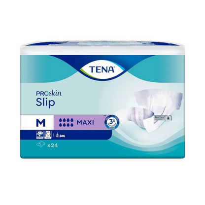 Η συσκευασία της TENA Slip Maxi σερβιέτας ακράτειας με ζώνη μέσης από την TENA – Essity Germany GmbH παρουσιάζει έντονα ένα μπλε σχέδιο με λευκές λεπτομέρειες και μια εικόνα της σερβιέτας ακράτειας για ενήλικες. Το μεσαίο μέγεθος είναι σημειωμένο με ένα "M" και περιλαμβάνει συσκευασία με 24 σερβιέτες που προσφέρουν αξιόπιστη προστασία από διαρροές για καθημερινή εμπιστοσύνη.