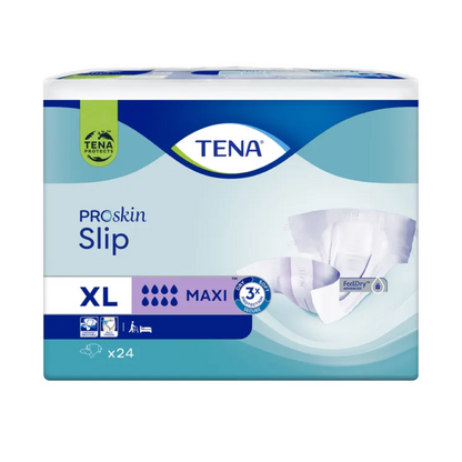Μια συσκευασία TENA Slip Maxi σερβιέτας ακράτειας με ζώνη μέσης, προσφερόμενη από την TENA - Essity Germany GmbH σε μέγεθος XL, προσφέρει "Maxi" απορροφητικότητα και περιλαμβάνει την τεχνολογία "FeelDry". Είναι εξοπλισμένη με προστασία από διαρροές για επιπλέον ασφάλεια και περιέχει 24 τεμάχια ανά συσκευασία. Η συσκευασία είναι σχεδιασμένη σε ένα μπλε-πράσινο χρωματικό σχήμα με εικόνες πάνας.