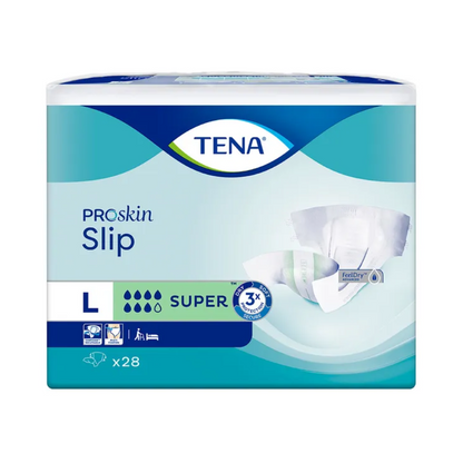 Η εικόνα δείχνει μια συσκευασία TENA Slip Super Inkontinenzvorlage mit Hüftbund, μέγεθος Large. Η μπλε-λευκή συσκευασία υποδεικνύει την απορροφητικότητα «Super» και περιέχει 28 τεμάχια. Τα κύρια χαρακτηριστικά περιλαμβάνουν προστασία από διαρροές για προστασία από την υγρασία και βελτιωμένη άνεση, καθιστώντας την εξαιρετική επιλογή για την φροντίδα της ακράτειας.