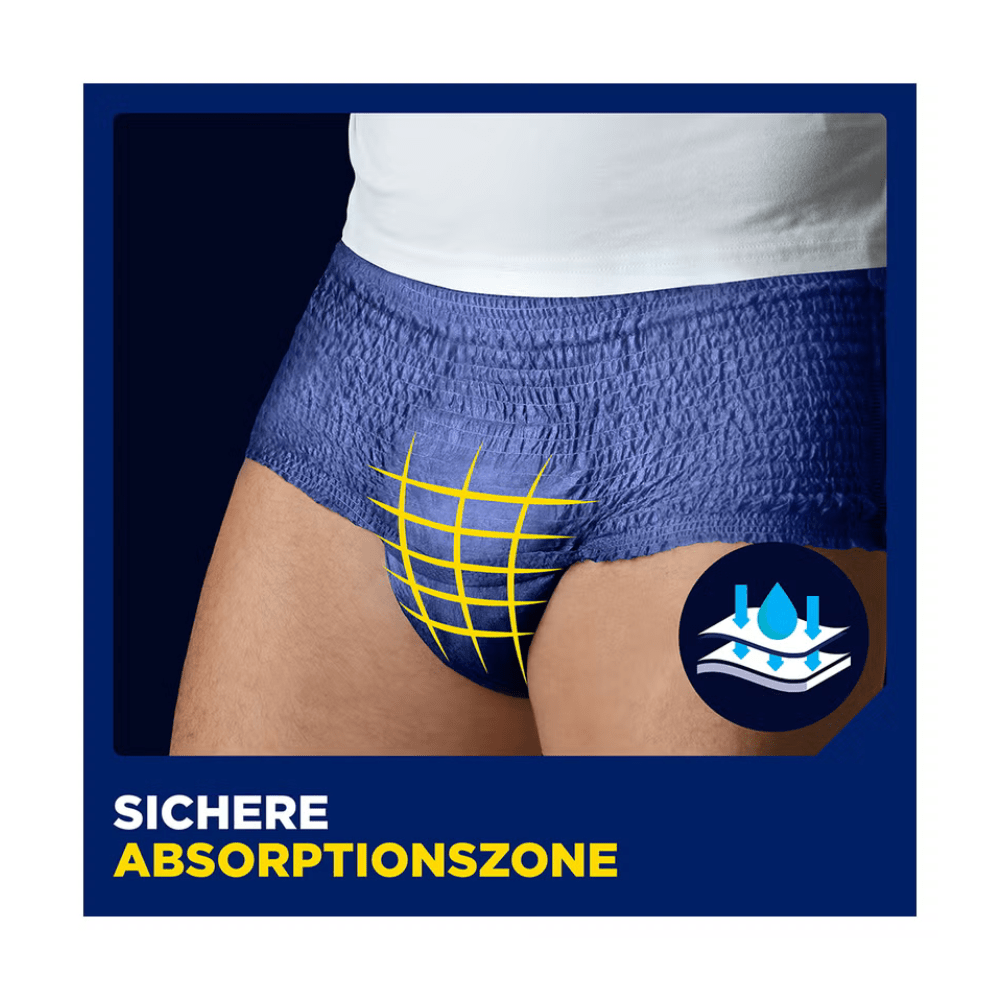 Ένας άνδρας φορά δείγμα TENA Men Active Fit Pants Plus Blue από την TENA - Essity Germany GmbH, απεικονισμένο με ένα κίτρινο πλέγμα και το σύμβολο "Ασφαλής Ζώνη Απορρόφησης" για αποτελεσματική προστασία από την αδυναμία της ουροδόχου κύστης στους άνδρες.