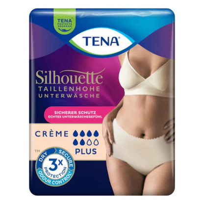 Μια συσκευασία TENA Silhouette Plus Creme Inkontinenzslips από την TENA - Essity Germany GmbH, απεικονίζεται με μια γυναίκα που παρουσιάζει το προϊόν. Η συσκευασία προσφέρει ασφαλή προστασία, τριπλό έλεγχο οσμών και αυξημένη απορροφητικότητα για αδυναμία της κύστης.