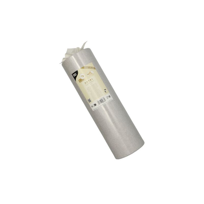 Ένας ρόλος PAPSTAR τραπεζομάντηλο ύφασμα PV-Tissue Mix «ROYAL Collection» της PAPSTAR GmbH είναι κομψά επισημασμένος με πληροφορίες προϊόντος. Ο ρόλος στέκεται όρθιος μπροστά από ένα απλό λευκό φόντο και δείχνει τη σύνθεση υψηλής ποιότητας μείγματος πολτού-βισκόζης-ιστού.