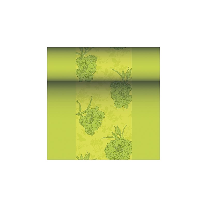 Απεικονίζεται ένα ρολό ταπετσαρίας με λουλουδάτο μοτίβο σε πράσινους τόνους που θυμίζει την εκλεπτυσμένη συλλογή ROYAL της PAPSTAR GmbH. Αυτός ο σχεδιασμός παρουσιάζει μεγάλα λουλούδια σε λίγο πιο σκούρο πράσινο πάνω σε ανοιχτότερο πράσινο φόντο, εκπέμποντας έτσι μια κομψή γοητεία που μοιάζει με αυτή του PAPSTAR διαδρόμου τραπεζιού, παρόμοιου με ύφασμα, από μίγμα PV-Tissue της συλλογής «ROYAL» με διαστάσεις 24 μ x 40 εκ.