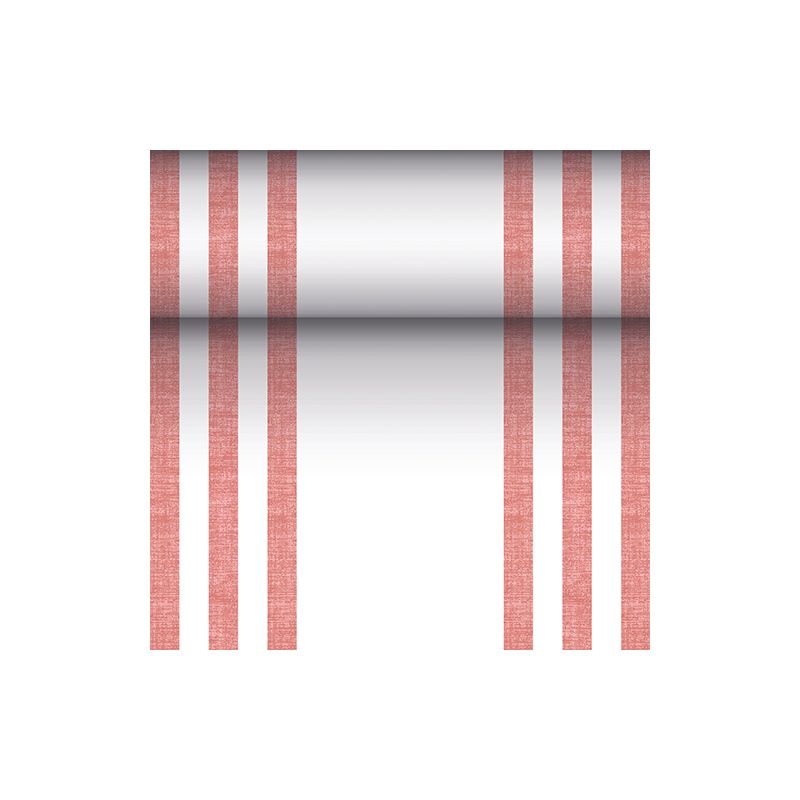 Το τραπεζομάντηλο που μοιάζει με ύφασμα PV-Tissue Mix «ROYAL Collection» της PAPSTAR GmbH στις διαστάσεις 24 μ x 40 εκ ξεχωρίζει με ένα εντυπωσιακό σχέδιο από έξι κάθετες κόκκινες γραμμές, συμπληρωμένο από μια κεντρική οριζόντια διαβάθμιση χρώματος από μαύρο σε λευκό σε ένα άψογο λευκό φόντο.