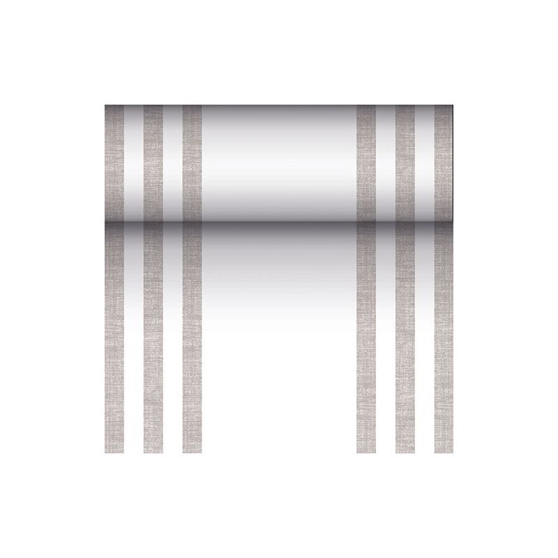 Ένας μεταλλικά αντανακλαστικός κύλινδρος κρεμιέται σε τρεις κάθετες, παράλληλες καφέ γραμμές σε κάθε πλευρά, θυμίζοντας έτσι το μοντέρνο σχέδιο ενός PAPSTAR τραπεζομάντηλου που μοιάζει με ύφασμα PV-Tissue Mix από τη «ROYAL Collection» μπροστά σε λευκό φόντο.