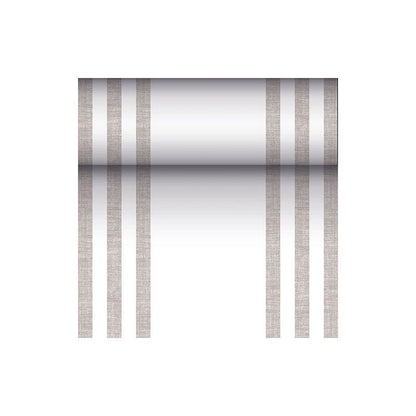 Ένας μεταλλικά αντανακλαστικός κύλινδρος κρεμιέται σε τρεις κάθετες, παράλληλες καφέ γραμμές σε κάθε πλευρά, θυμίζοντας έτσι το μοντέρνο σχέδιο ενός PAPSTAR τραπεζομάντηλου που μοιάζει με ύφασμα PV-Tissue Mix από τη «ROYAL Collection» μπροστά σε λευκό φόντο.