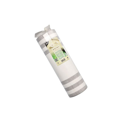 Ένας ρολός υφάσματος εσωτερικού χώρου σε μπεζ και λευκό ριγέ από τη «ROYAL Collection» της PAPSTAR GmbH αποτελείται από ένα μείγμα PV-Tissue και παραδίδεται καθαρά τυλιγμένο σε μια διαφανή πλαστική συσκευασία με μια ετικέτα με λεπτομέρειες προϊόντος. Με μήκος 24 μέτρων και πλάτος 40 εκατοστών, μπορεί να χρησιμοποιηθεί κομψά ως τραπεζομάντηλο.