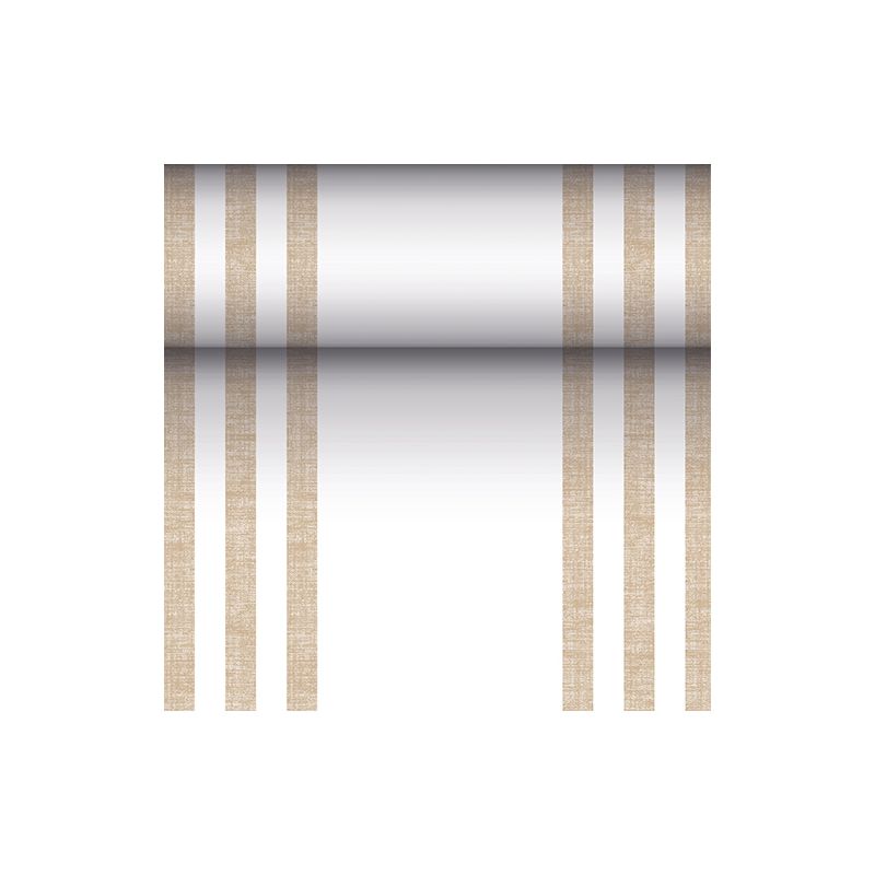 Ο PAPSTAR διάδρομος τραπεζιού, παρόμοιος με ύφασμα, από μίγμα PV-Tissue της συλλογής «ROYAL» της PAPSTAR GmbH είναι ένας ορθογώνιος διάδρομος με διαστάσεις 24 μέτρα επί 40 εκατοστά, του οποίου η λευκή επιφάνεια διακοσμείται σε κάθε πλευρά με δύο ζεύγη κάθετων καφέ γραμμών που προσφέρουν συμμετρική όψη. Στο κέντρο υπάρχει μια διαβάθμιση χρωμάτων που ξεκινά σκούρα στο κέντρο και γίνεται πιο ανοιχτή προς τα άκρα.