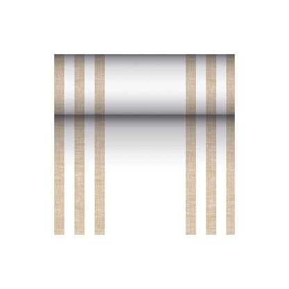 Ο PAPSTAR διάδρομος τραπεζιού, παρόμοιος με ύφασμα, από μίγμα PV-Tissue της συλλογής «ROYAL» της PAPSTAR GmbH είναι ένας ορθογώνιος διάδρομος με διαστάσεις 24 μέτρα επί 40 εκατοστά, του οποίου η λευκή επιφάνεια διακοσμείται σε κάθε πλευρά με δύο ζεύγη κάθετων καφέ γραμμών που προσφέρουν συμμετρική όψη. Στο κέντρο υπάρχει μια διαβάθμιση χρωμάτων που ξεκινά σκούρα στο κέντρο και γίνεται πιο ανοιχτή προς τα άκρα.