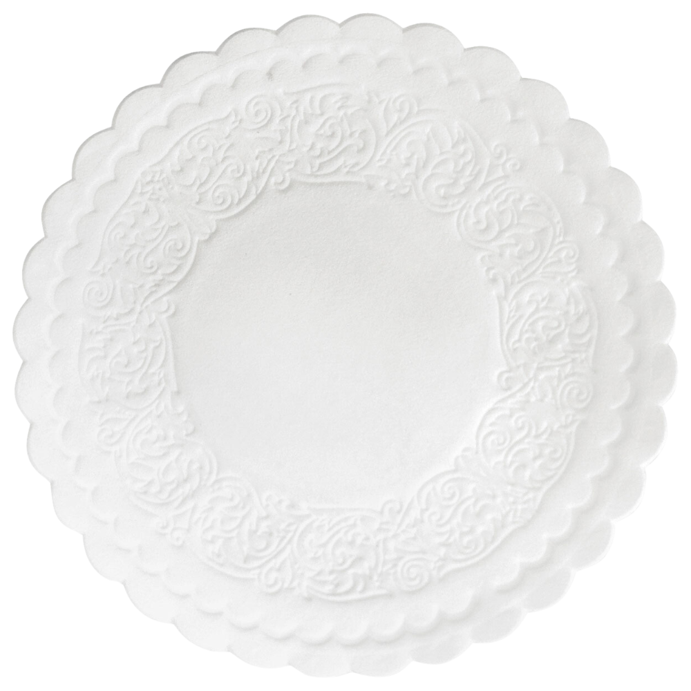 Ένας στρογγυλός, λευκός σουβέρ από χαρτί της Duni GmbH με διάμετρο 9 εκ., πολλαπλές στρώσεις και κυματιστές άκρες, καθώς και περίτεχνα ανάγλυφα σχέδια στην άκρη. Αυτό το προϊόν παραδίδεται σε συσκευασία με 500 κομμάτια.