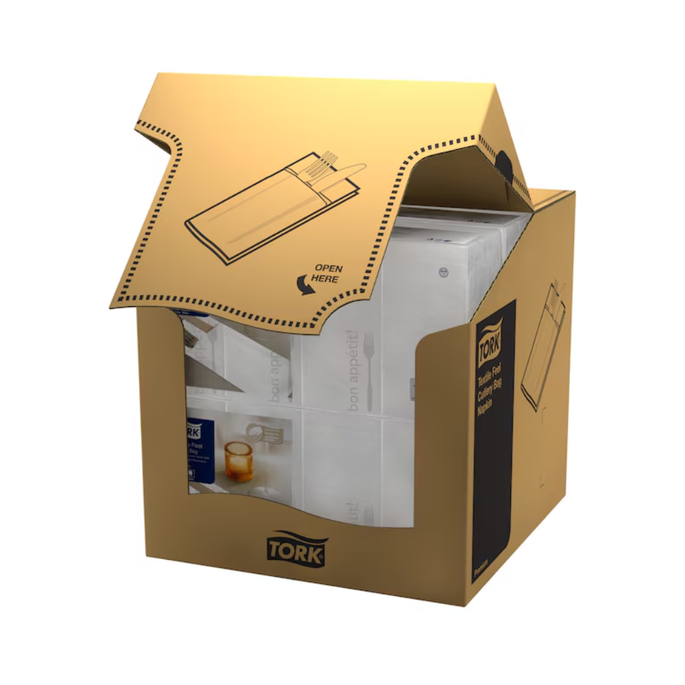 Ένα μερικώς ανοιγμένο κουτί με την επιγραφή «Tork 13662 Tork Soft Guten Appetit Bestecktasche | Κουτί (6 συσκευασίες)» της μάρκας TORK – Essity Professional Hygiene Germany GmbH περιέχει λευκές χαρτοπετσέτες, επίσης γνωστές ως χαρτοπετσέτες. Το κουτί διαθέτει διάτρητο άνοιγμα για εύκολη πρόσβαση και περιέχει μια εικόνα που δείχνει πώς να το ανοίξετε, με τη φράση «Ανοίξτε εδώ» να είναι εμφανής στο επάνω καπάκι.