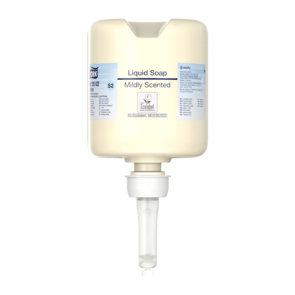 Ένα μπεζ δοχείο δότη με την επιγραφή «Tork 420502 Mini Υγρό Σαπούνι, Ήπιο Άρωμα» με όγκο 475 ml διαθέτει μια πρακτική αντλία. Αυτό το προϊόν της TORK – Essity Professional Hygiene Germany GmbH είναι σχεδιασμένο για εξαιρετική υγιεινή χεριών και φέρει διάφορες σημάνσεις και λογότυπα, συμπεριλαμβανομένου ενός «Ecolabel», που προωθεί τη φιλική προς το περιβάλλον φροντίδα του δέρματος.