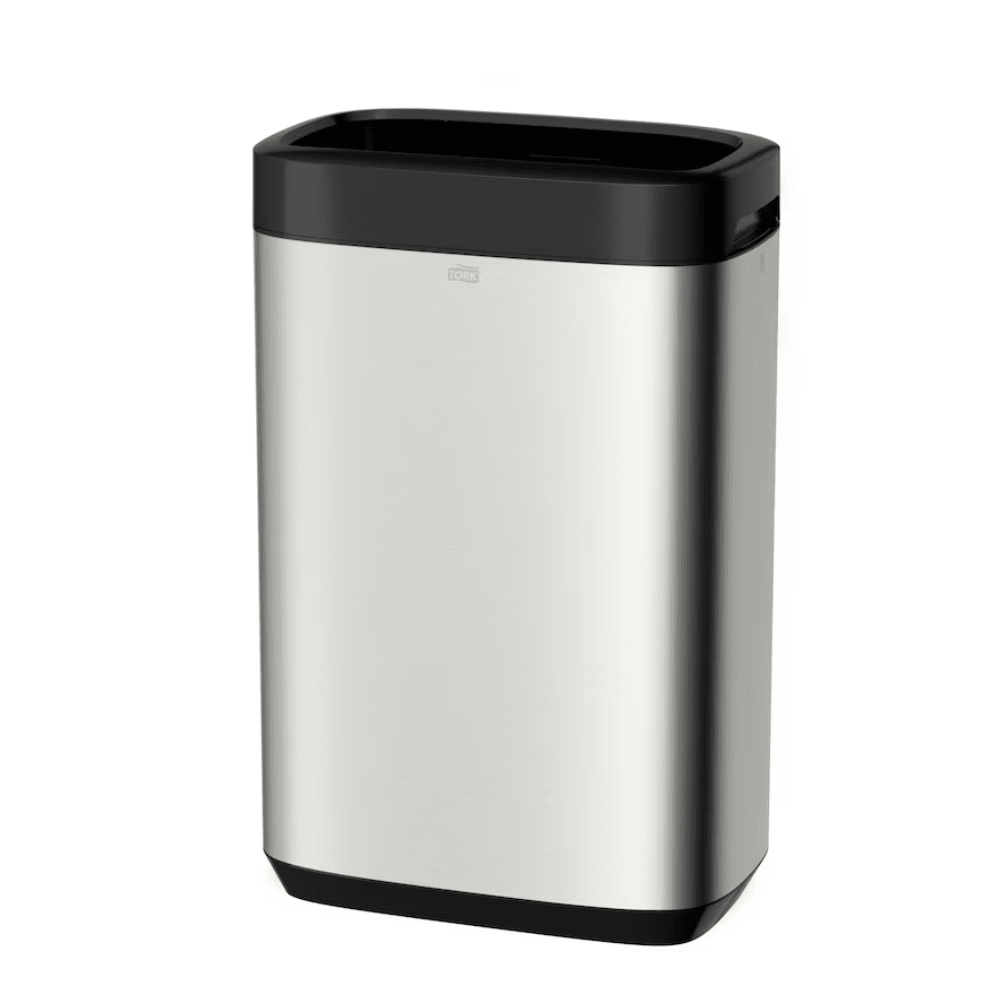 Ο κάδος απορριμμάτων Tork 460011 Tork Image Line, που παρουσιάζεται από την TORK – Essity Professional Hygiene Germany GmbH, είναι ένας λεπτός και μινιμαλιστικός ορθογώνιος κάδος απορριμμάτων από ανοξείδωτο χάλυβα με μαύρο καπάκι και βάση. Ο σχεδιασμός του από ανοξείδωτο χάλυβα προσφέρει χωρητικότητα 50 λίτρων, συνδυάζοντας στυλ με λειτουργικότητα και διαθέτει μια μικρή λαβή για εύκολο άνοιγμα.