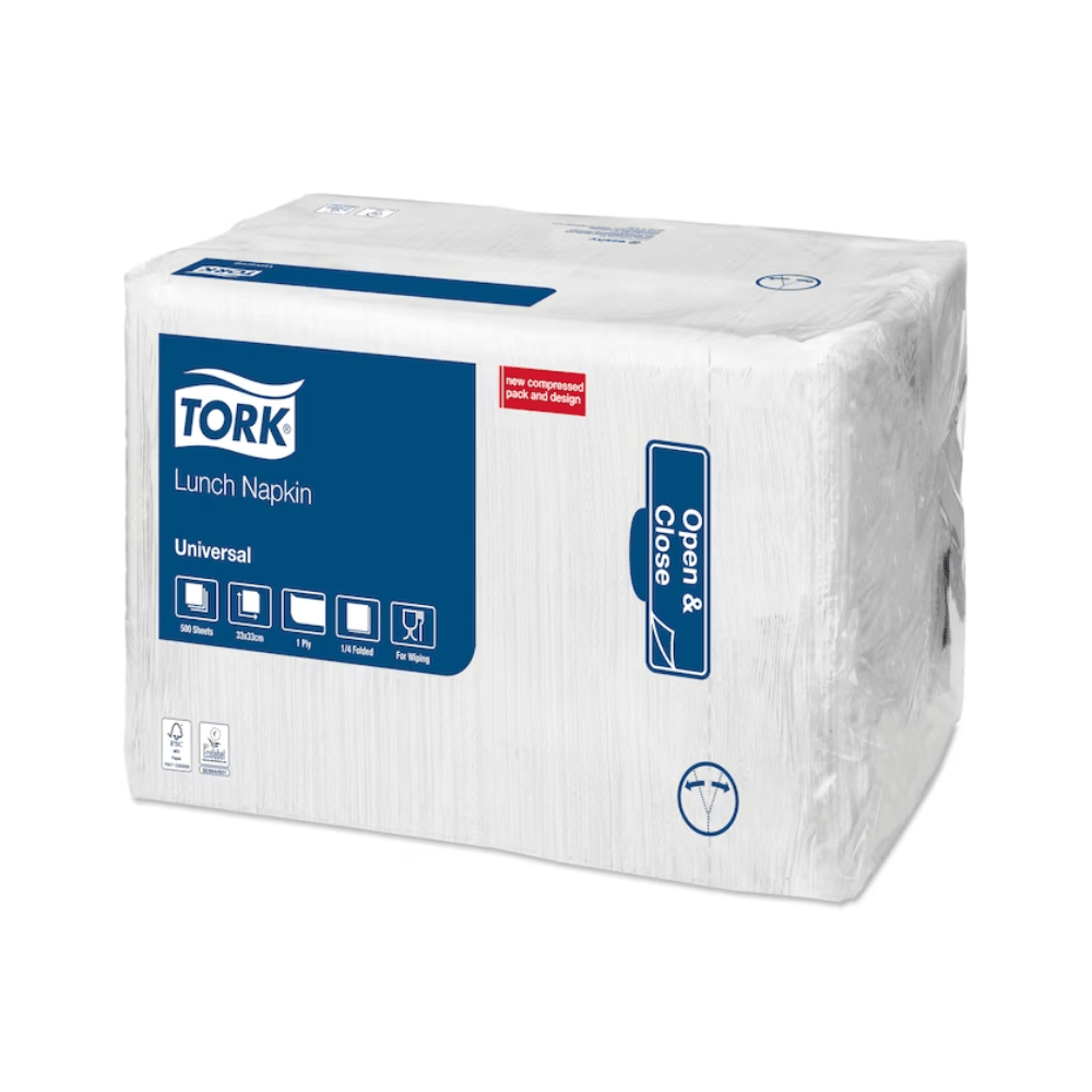 Μια συσκευασία Tork 509300 Lunchserviette Weiß Universal-Servietten από την Essity Professional Hygiene Germany GmbH είναι σχεδιασμένη για εστιατόρια γρήγορου φαγητού. Η συσκευασία διαθέτει μπλε ετικέτα με τις επιγραφές «Universal», «Άνοιγμα & Κλείσιμο» και εικόνες των χαρτοπετσετών. Αυτή η βιομηχανικά κομποστοποιήσιμη συσκευασία περιέχει 150 μονοστρωματικές λευκές χαρτοπετσέτες με μέγεθος 12 ίντσες τετράγωνο η καθεμία.