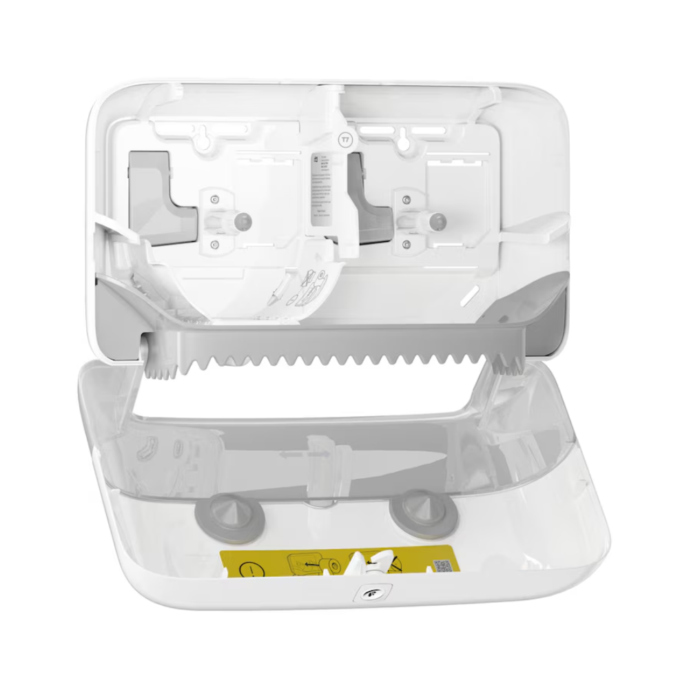 Ο διπλός διανομέας Tork 558040 για χαρτί τουαλέτας Midi χωρίς πυρήνα Elevation T7 από την Essity Professional Hygiene Germany GmbH διαθέτει ανοιχτό σχεδιασμό με διαφανείς τμήματα, που αναδεικνύουν τους εσωτερικούς μηχανισμούς και τη φιλική προς το περιβάλλον λειτουργικότητα για συγκράτηση και διανομή. Διαθέτει ορατή οδοντωτή άκρη, κίτρινη ετικέτα οδηγιών και είναι συμβατός με χαρτί τουαλέτας Midi χωρίς πυρήνα.